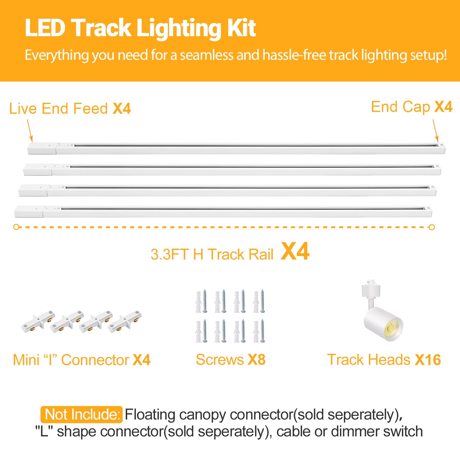 VANoopee 16-Light LED Track Lighting Kit, Dimmable 10W, 800lm, 3000K Warm White, Aluminum, 13FT H Type Track, Model IT