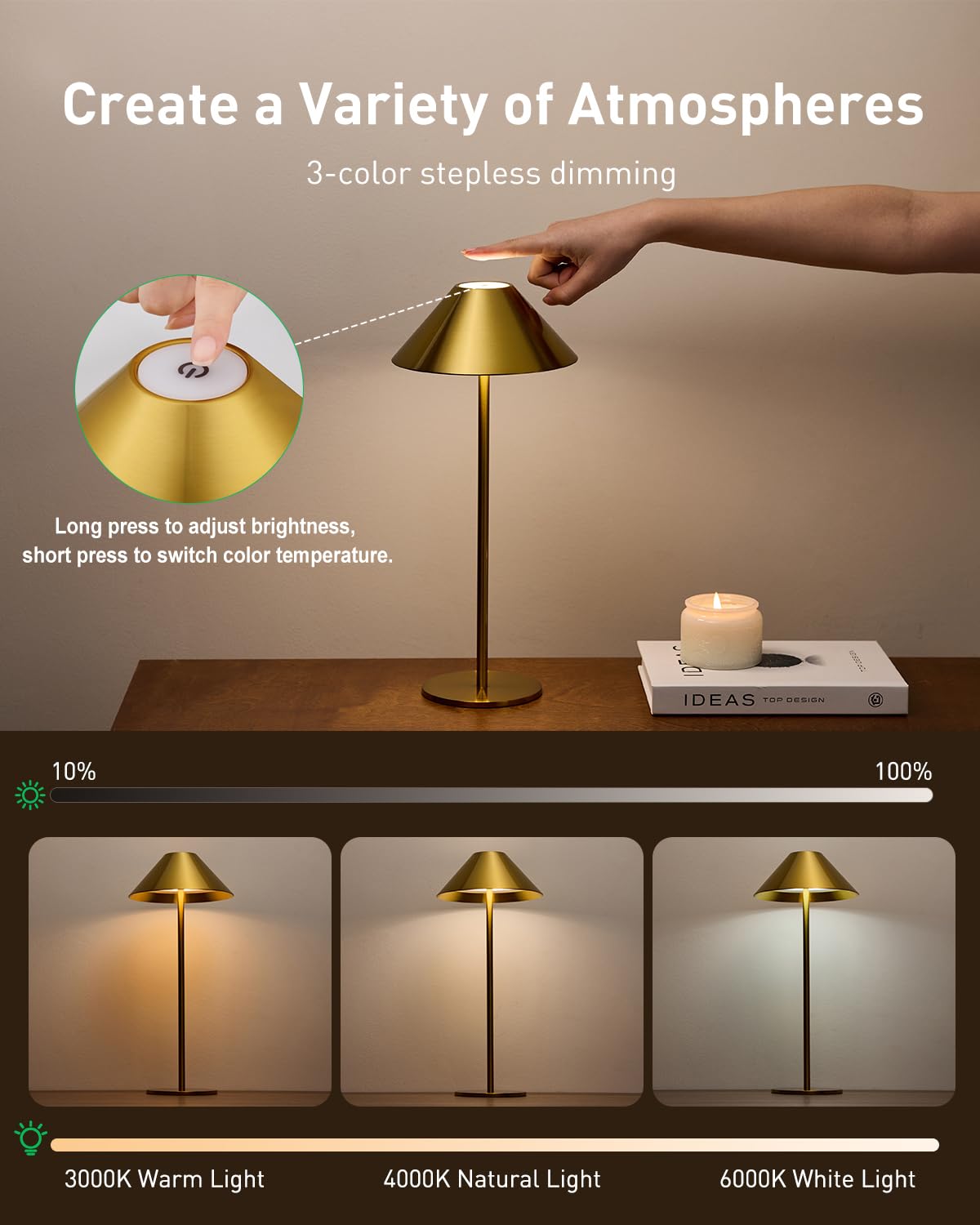 Bojim Gold Cordless Table Lamp, Rechargeable Touch Lamps With 3 Color Dimming, Wireless Battery Operated Lamp For Bedroom/Living