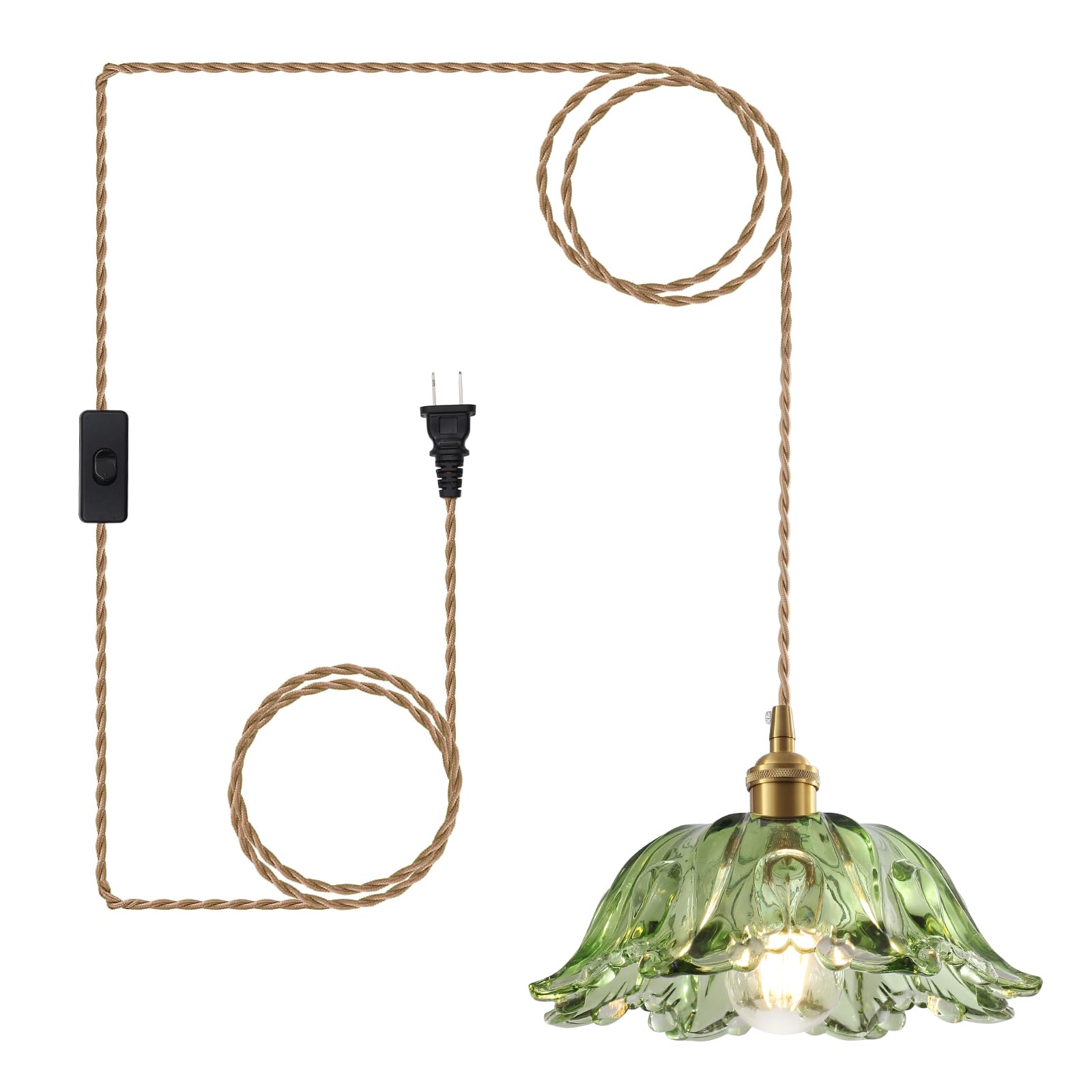GZJunYo Plug in Pendant Light Fixtures, Hanging Pendant Lights with Plug in Cord, Green Glass Plug in Hanging Lights for Bedroom