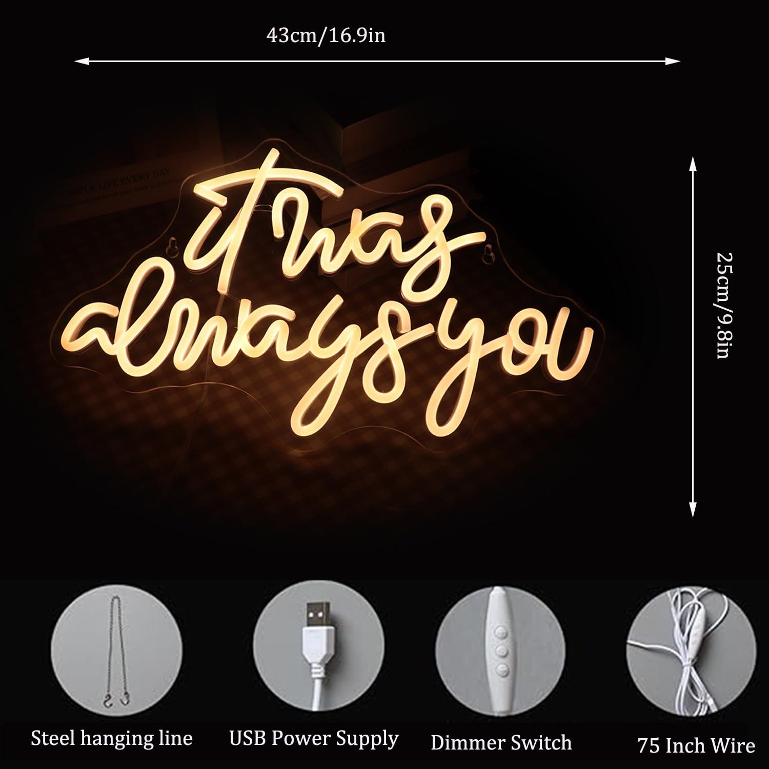 QiaoFei LED Neon Sign with Dimmer Switch, Warm White, Model QFLGT230317015, Decor for Wedding, Engagement, Birthday Party, Wall Decor