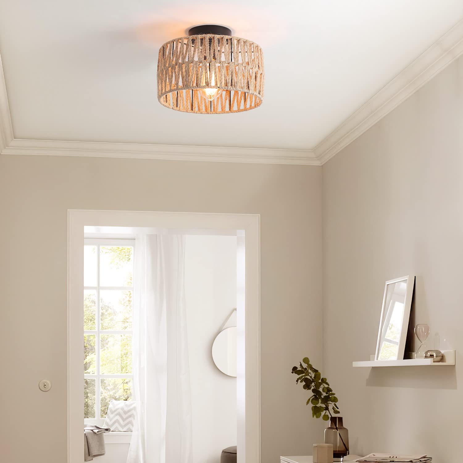 Hchunqjor Coastal Woven Flush Mount Ceiling Light Fixture Rustic Industrial Hemp Rope Semi Flush Mount Ceiling Light For Hallway