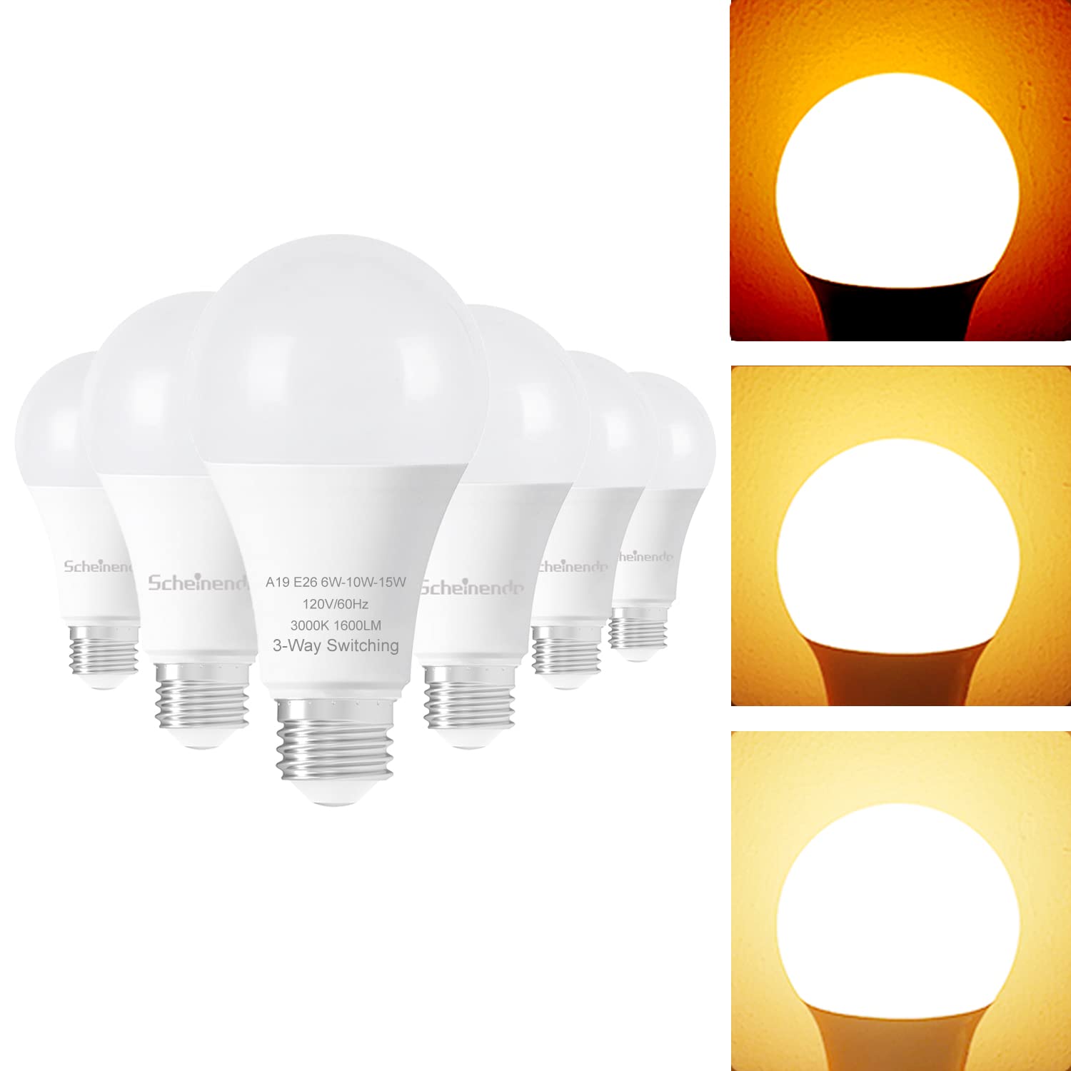 Scheinenda 3 Way Light Bulbs 6 Pack, ?? ?????? ?????? ?????????? ?????????? 30 70 100W Equivalent, Standard A19 Led Bulbs E26 Me