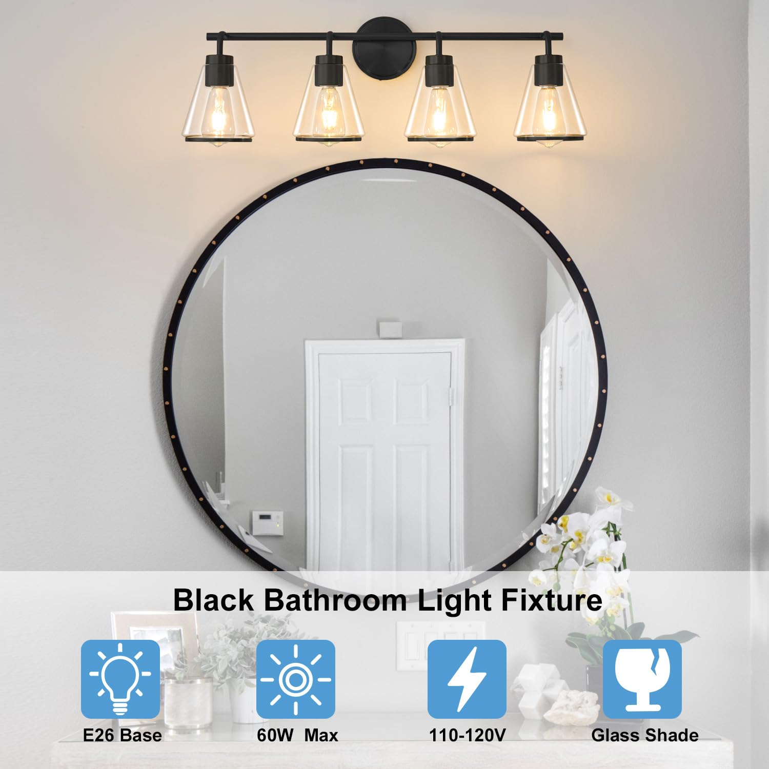 Nadosa Black Bathroom Light Fixtures 4 Light Bathroom Vanity Lights Over Mirror With Clear Glass Shade, 30 Inch Vanity Lights For Bathroom Modern Wall Sconce Lighting (Exclude E26 Bulb)