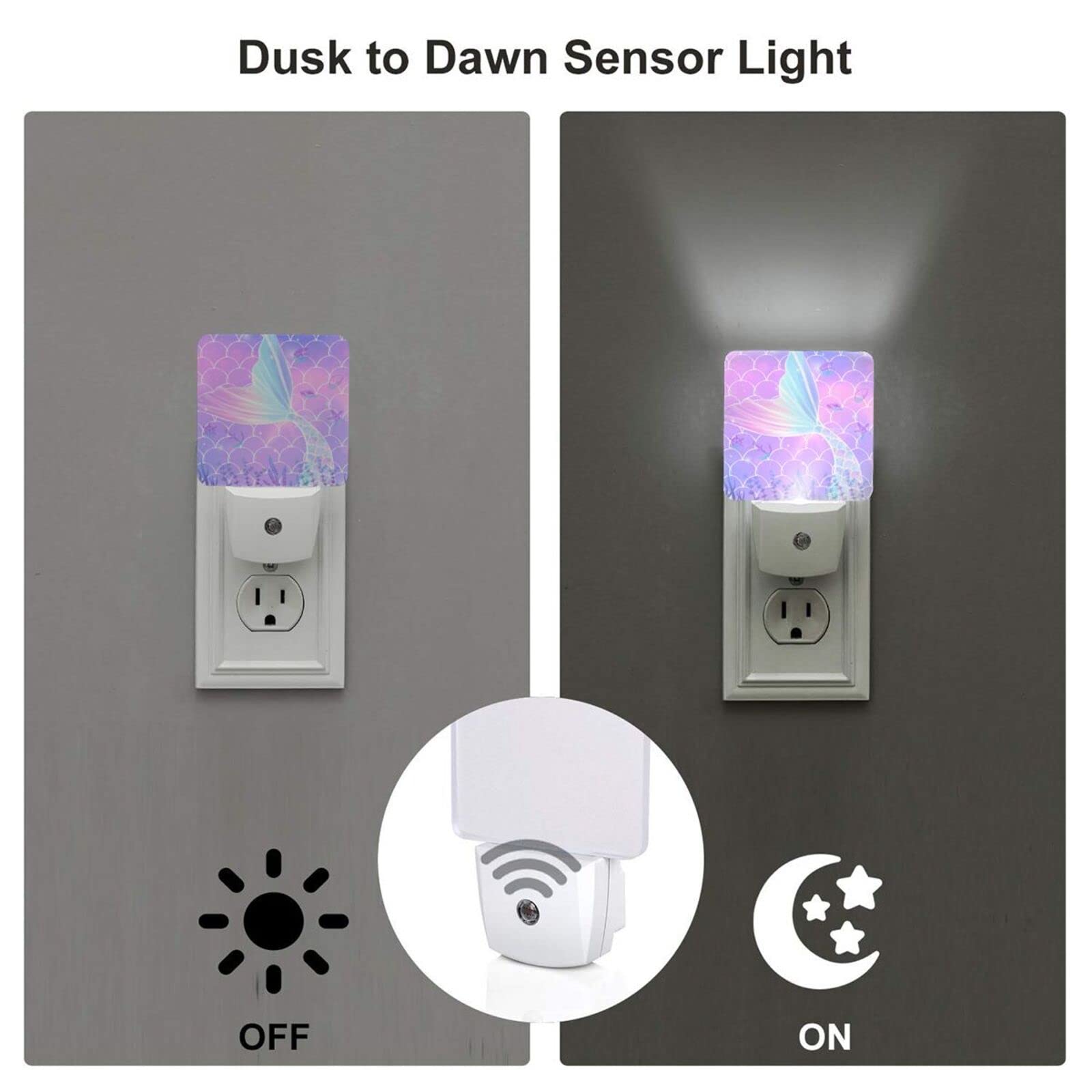 EFINLUKY LED Night Light, Mermaid Color, Plug-in Dusk to Dawn Sensor Lamp, 2 PCS, Ideal for Bedroom, Nursery, Hallway, Kitchen
