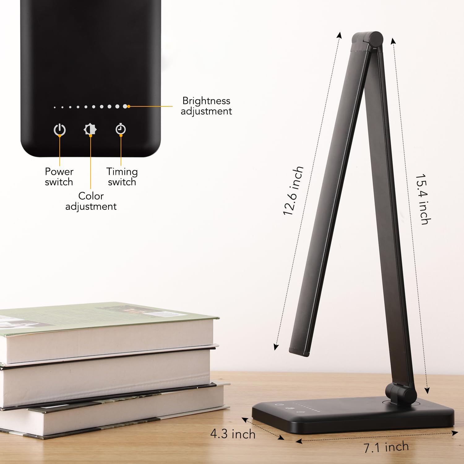 HMFUNTM LED Desk Lamp with USB Charging, 5 Color Modes, 10 Brightness Levels, Touch Control, Black
