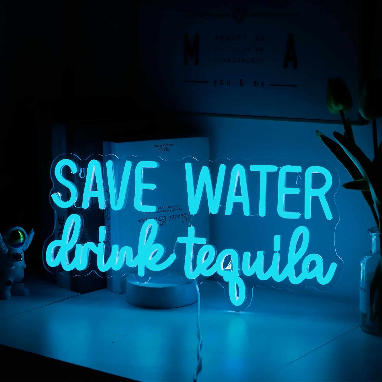 SHINEMYWAY Neon Sign - Save Water Drink Tequila, Dimmable USB Powered Room Decor, Acrylic, 16.8"x8.2", TEQUILA-Blue