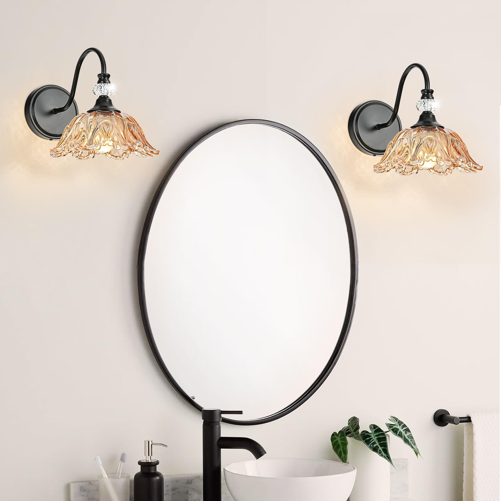 sunkryster Black Wall Sconce - Vintage Bathroom Lighting, 1-Light, Floral Amber Glass Shade, Metal, Model Sun-104AB-1-Black-Amber