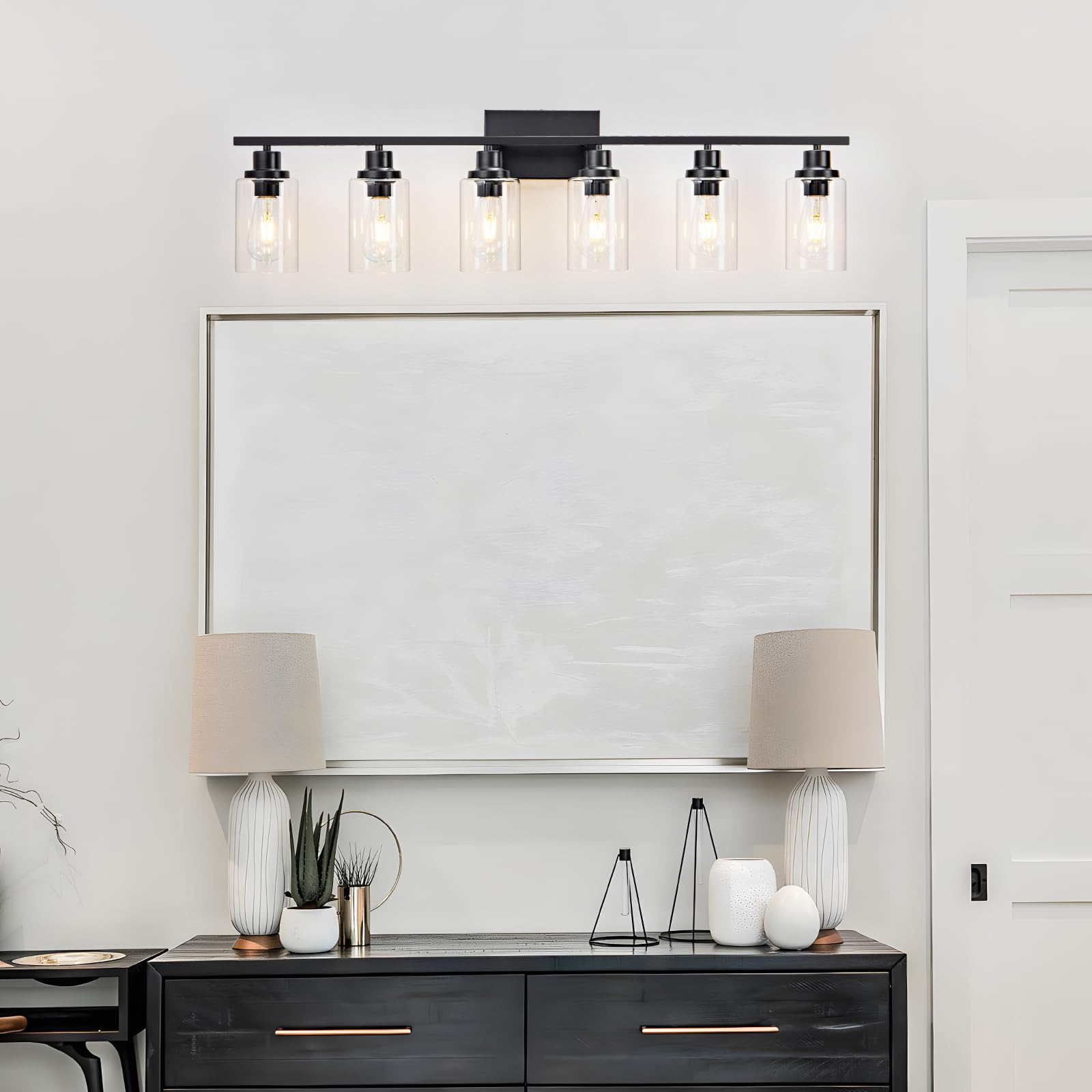 HCCZ 6 Light Bathroom Light Fixture - Black Vanity Sconce with Glass Shade, Modern Farmhouse Design, E26 Socket, Model 800-100-1086