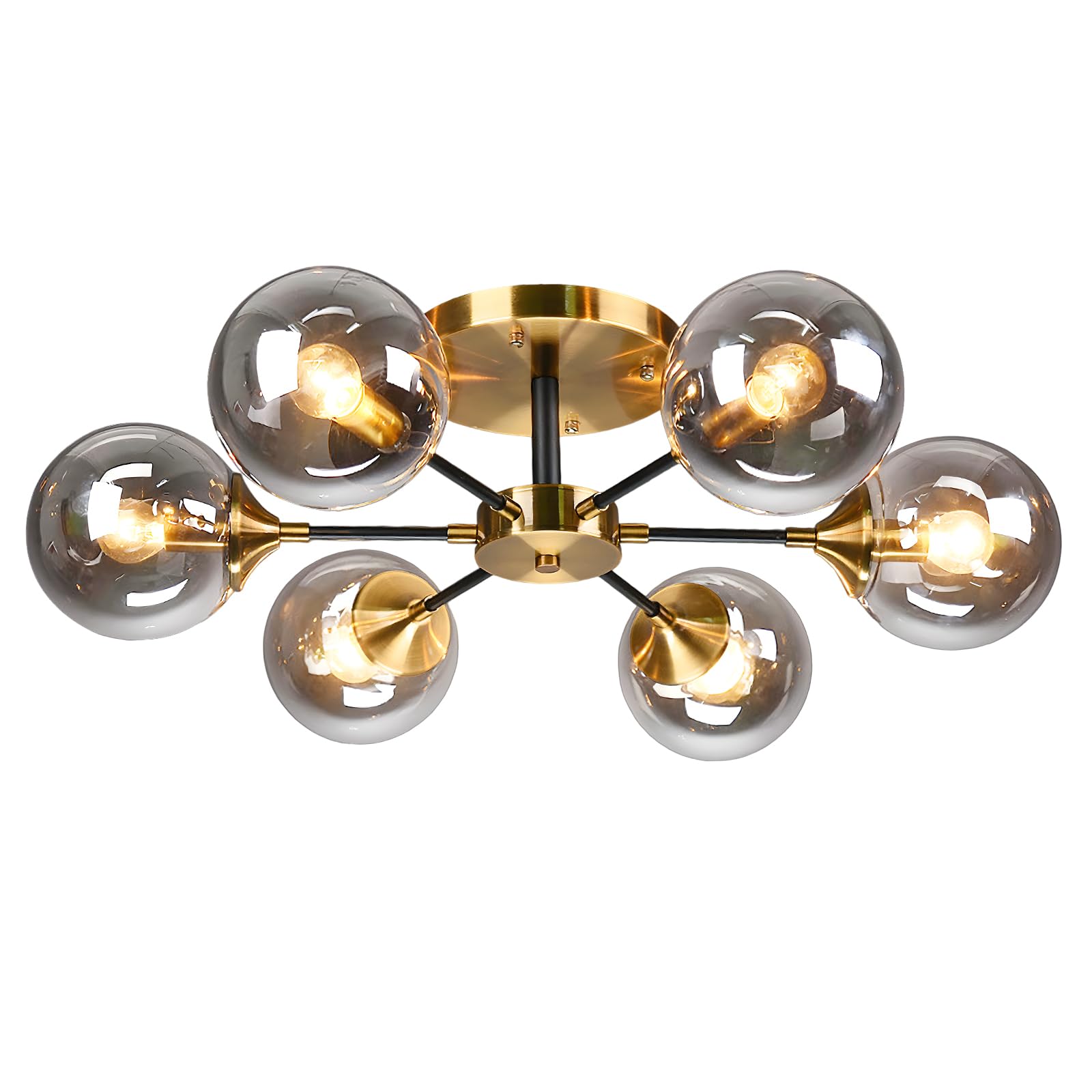 KCO Lighting 6-Light Modern Gold Globe Ceiling Light Brushed Brass Metal Close to Ceiling Lighting Fixture Bathroom Mid Century 