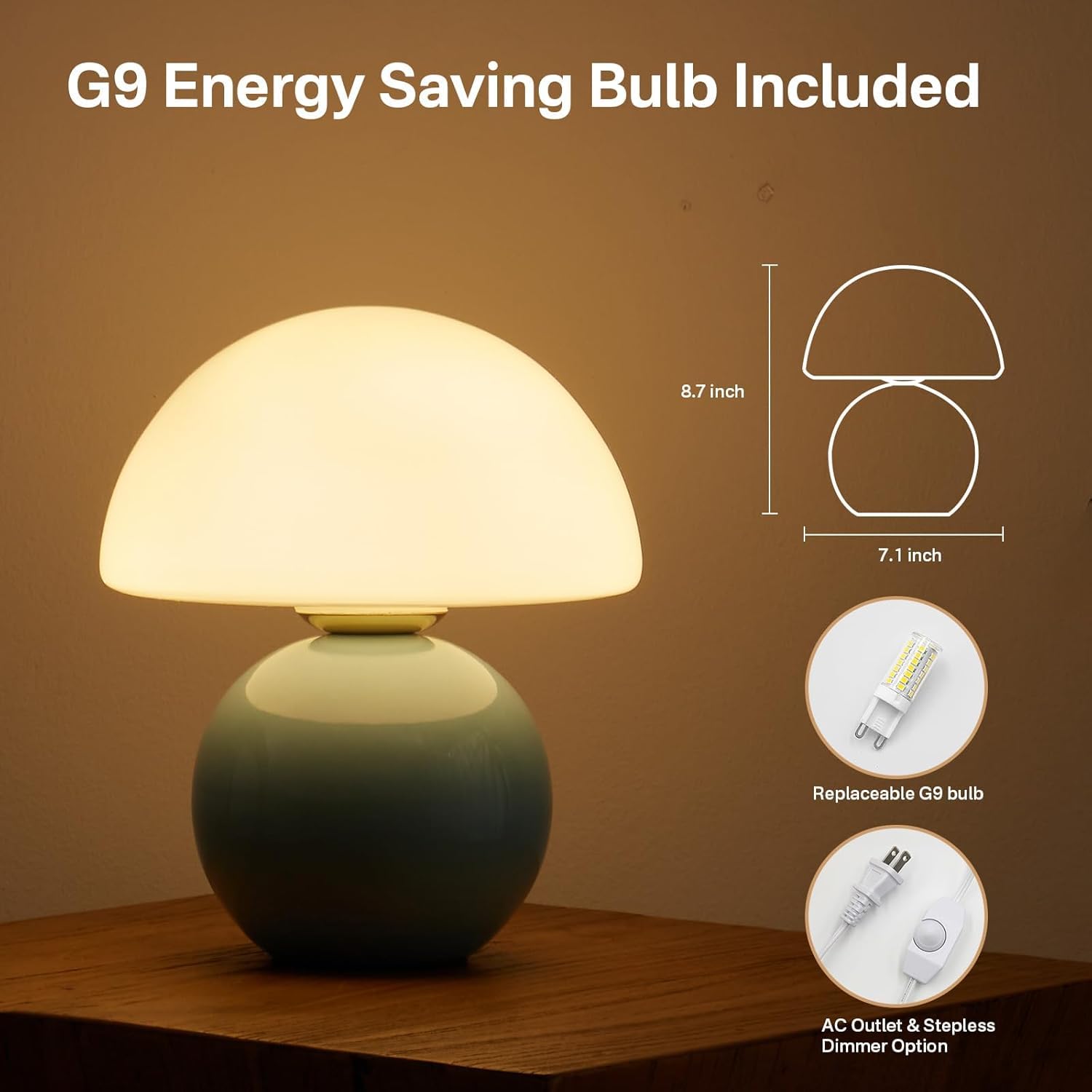Dawnwake Mushroom Table Lamp - Cute Mini Modern Design, Blue - Perfect for Bedroom & Living Room, Model DAWN-001