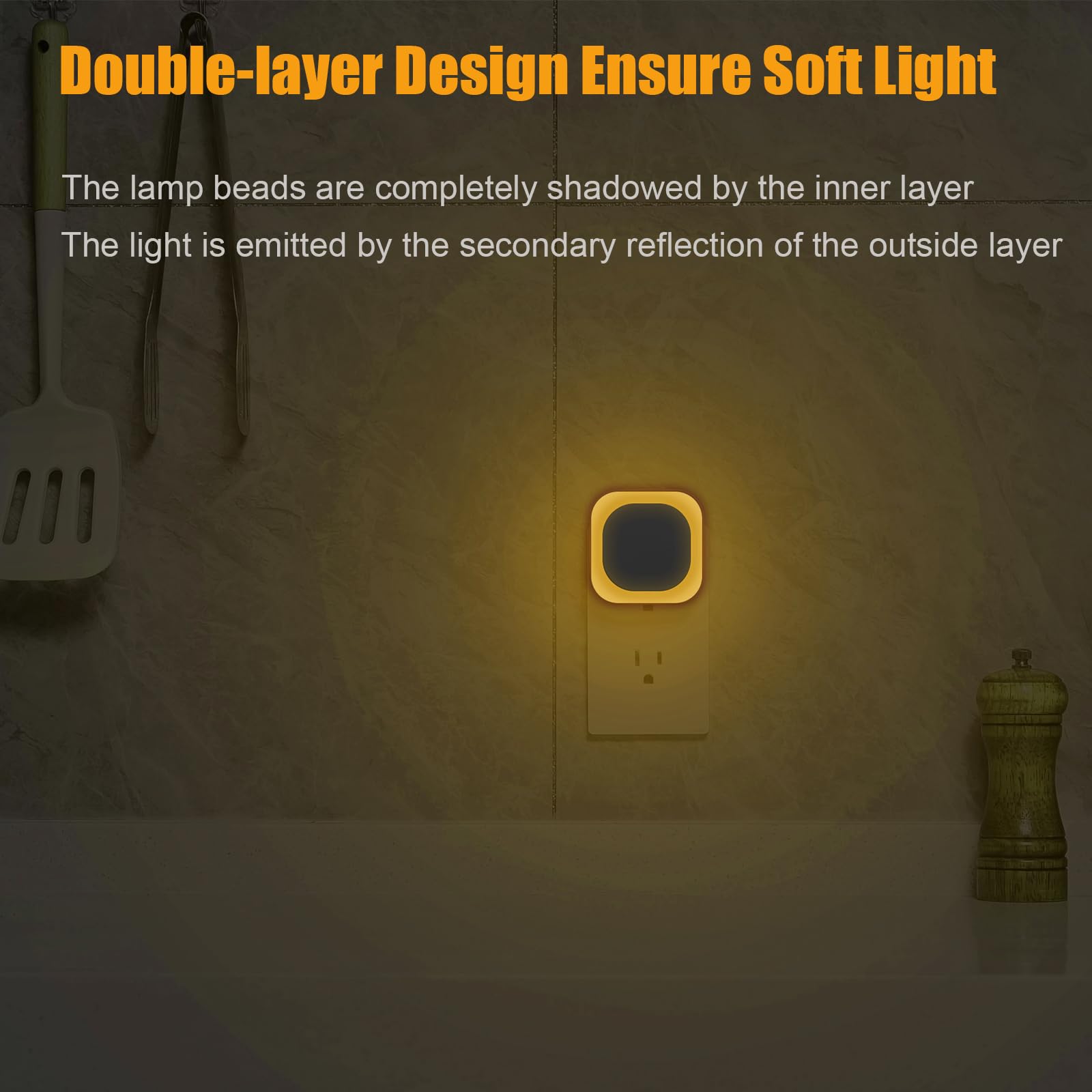 YUNLEX Dimmable Night Light 2 Pack, Auto Dusk to Dawn Sensor, Soft Glow, Golden Yellow, Model NLS21