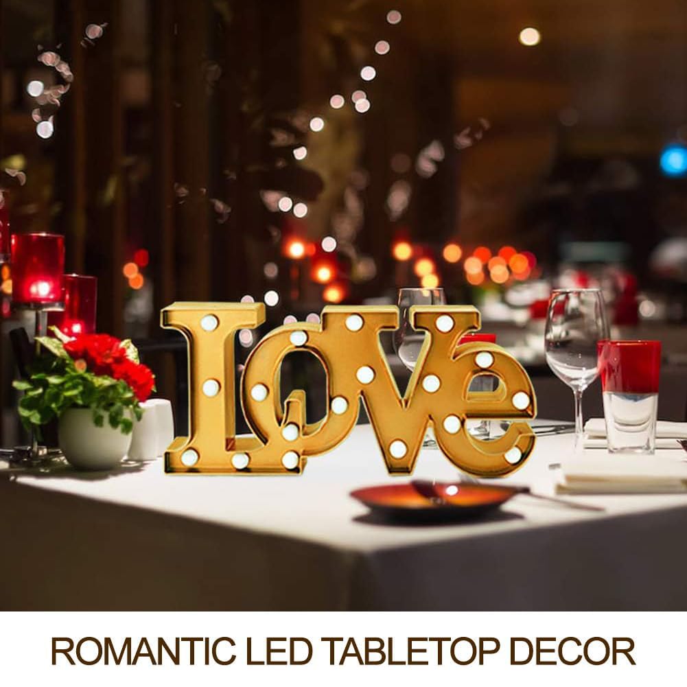 Bright Zeal LED Love Sign Wall Art - 16"x7" Marquee Light for Bedroom, Gold Finish, 18 Bulbs, 6hr Timer, Batteries Included