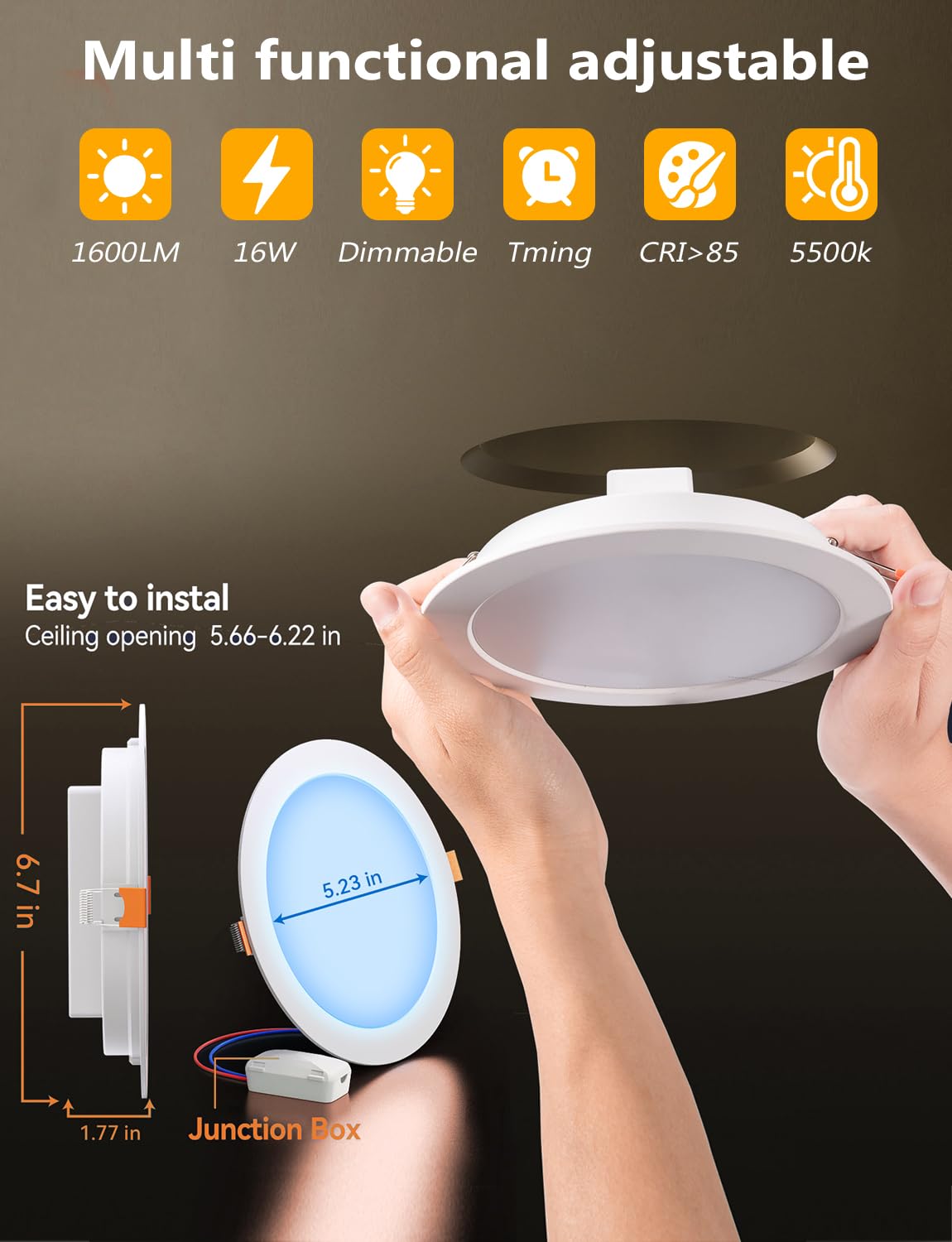 Richsing Smart Recessed Lighting 6 Inch Rgbcw Color Changing 16W Recessed Ceiling Light With Junction Box, App & Voice Control, 1350Lm Led Recessed Lights Dimmable By Bluetooth Control -10Pack
