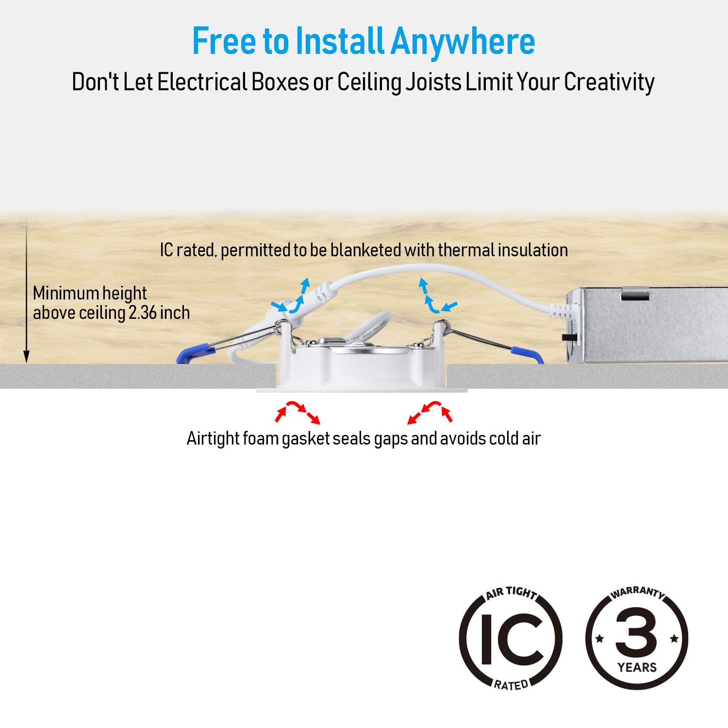 Torchstar 8-Pack 5Cct 3 Inch Slim Led Recessed Lighting With J Box, Anti-Glare Baffle Trim, Cri90 Dimmable Aluminum Ceiling Down