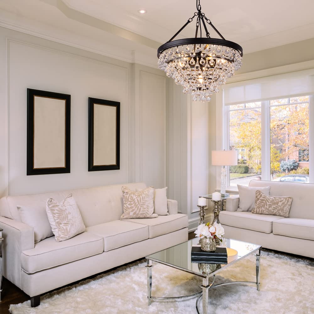 Wellmet Modern Crystal Chandeliers, 6 Lights Black Chandeliers for Dining Room, Farmhouse Ceiling Light Fixture for Foyer, Bedro