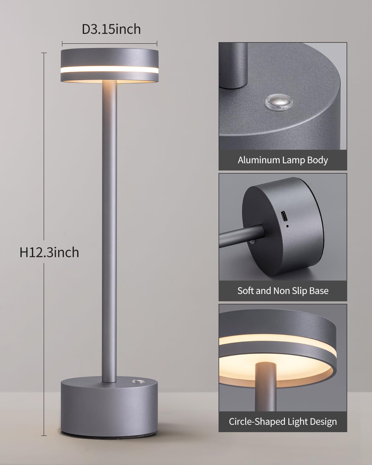 PUSU Portable LED Table Lamp, Cordless, Touch Control, Small, Gray, Model AMZ-TBL1800-YU