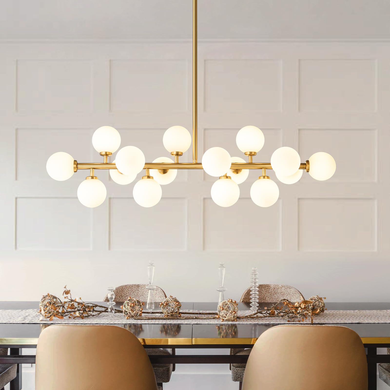 ALIYIQI Mid Century Modern Sputnik Chandelier, 16-Light Linear Fixture, Brass & Milky White Glass, Ideal for Dining Room & Kitchen Island