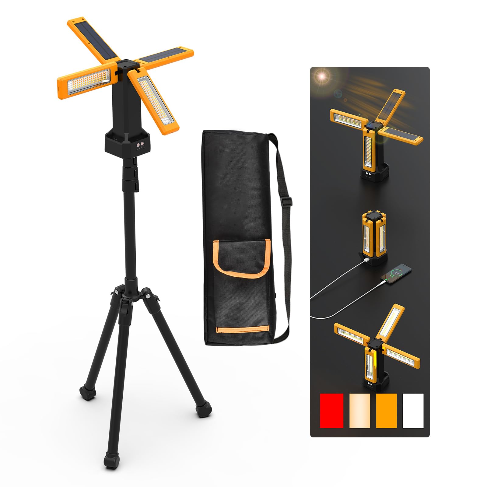 13200Mah Rechargeable Solar Work Light Ip64 Waterproof With Folding Stand And Carrying Bag, Aodoo 8000 Lumen Stepless Dimmable , White/Warm/Nature White/Red(Sos) With Detachable Tripod