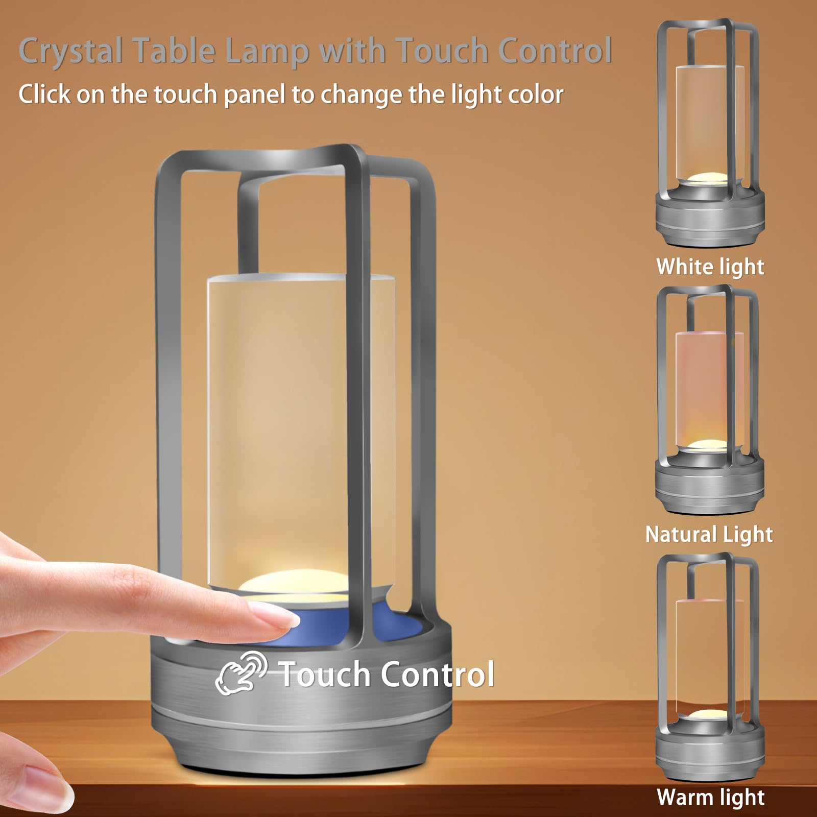 MEINV Cordless Rechargeable Table Lamp, Touch Control, 3 Color Dimmable, Small, Aluminum, Silver, Model CL001