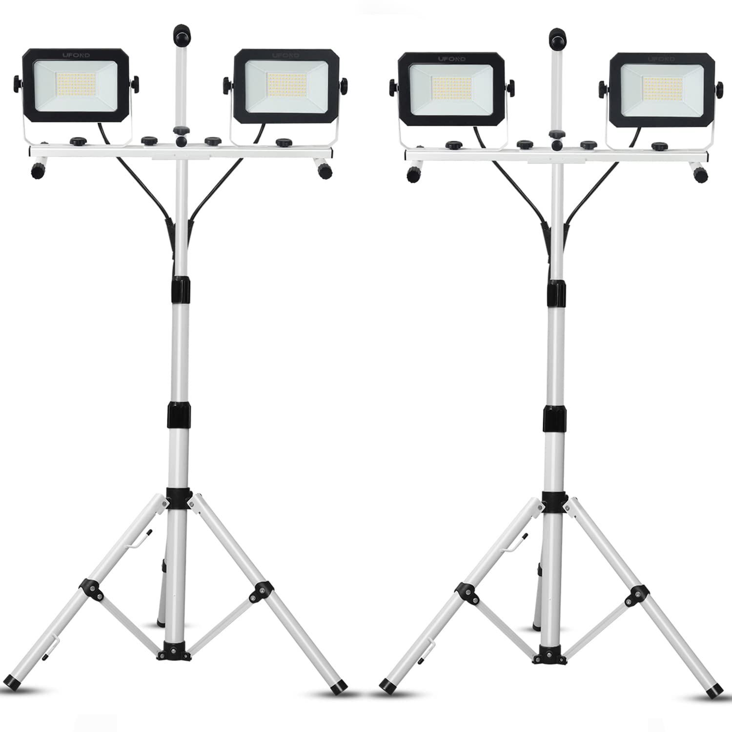 Ufond 10000 Lumen Led Work Light With Stand, Dual Head Work Light, Waterproof Lamp With Individual Switch, Adjustable Metal Telescoping Tripod With Power Cord (2 Pack)