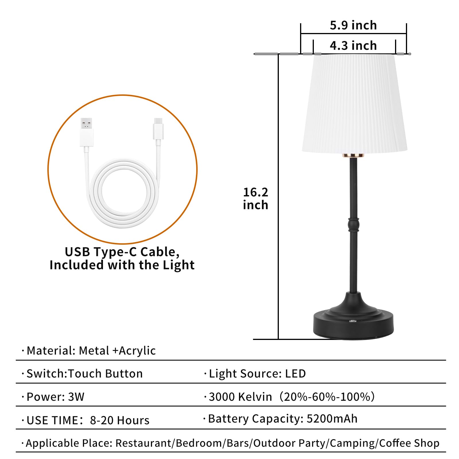 YYXGOOB Cordless LED Table Lamp, Fabric Shade, Dimmable, Rechargeable, Black-02, Model ZTBY