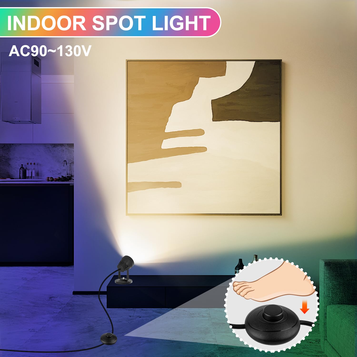 T-SUN Indoor RGBW Spotlight, LED Floor Lights with Remote Control, Indoor Uplights 16 Colors & Warm White | Foot Switch, Hallowe