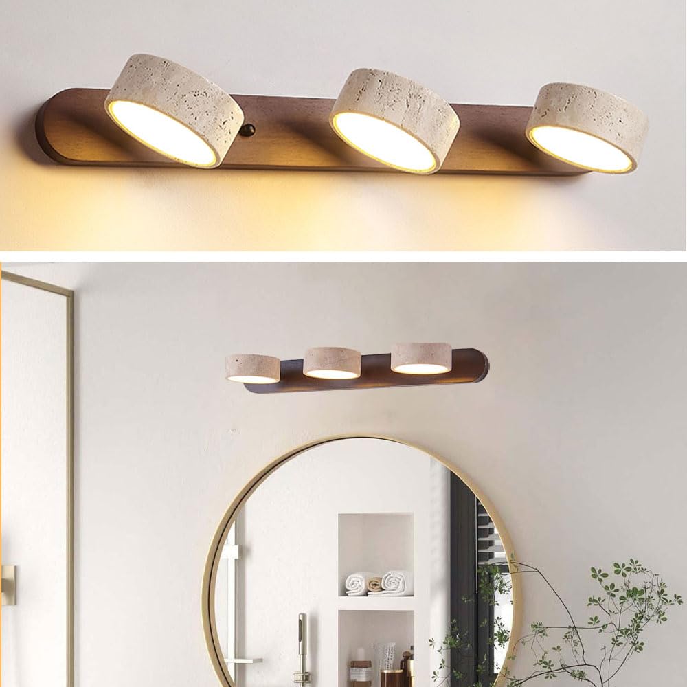 WOSBO Yellow Travertine Vanity Light  19.69 Wabi Sabi Modern Wooden Bathroom Light 360 Rotatable Natural Stone Lampshade Wall Lighting Fixture Over Mirror for Bathroom Farmhouse Home Decor 3 Lights