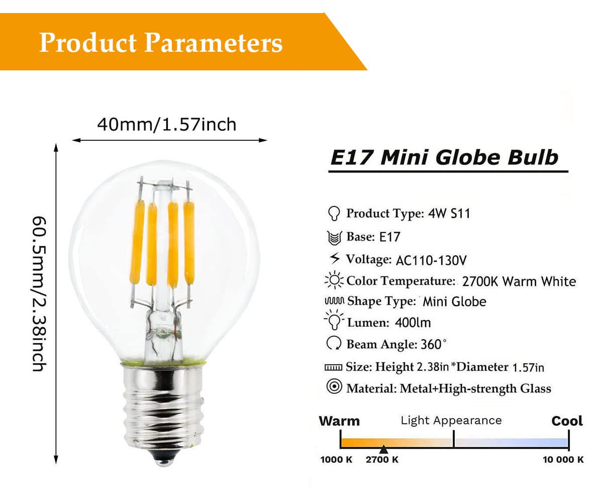 5-Pack E17 S11 Led Light Bulb,E17 Intermediate Base Mini Globe Bulb 4W Warm White 2700K,40 Watt S11 G40 Incandescent Bulb Replac