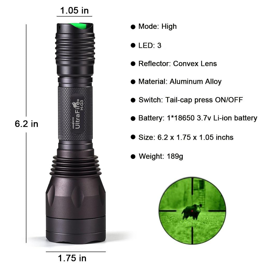 Ultrafire Green Hunting Flashlight, 650 Lumens, Single Mode, 520-535 Nm Wavelength 256 Yards,Tactical Led Night Hunting Light Fo