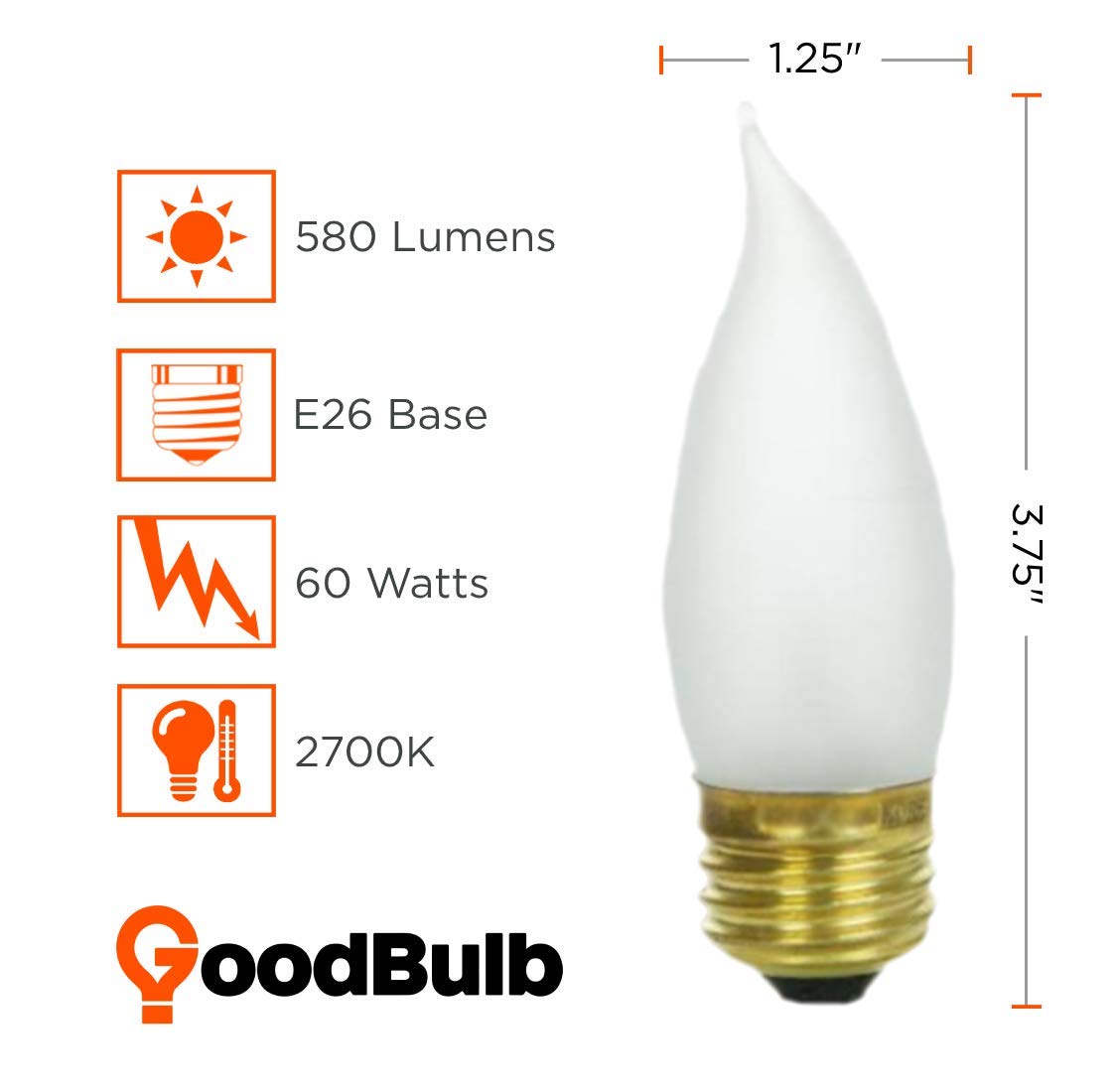 GoodBulb 25W Flame Tip Light Bulbs | Dimmable 2700K Soft White | Frosted Finish | 12 Count Pack