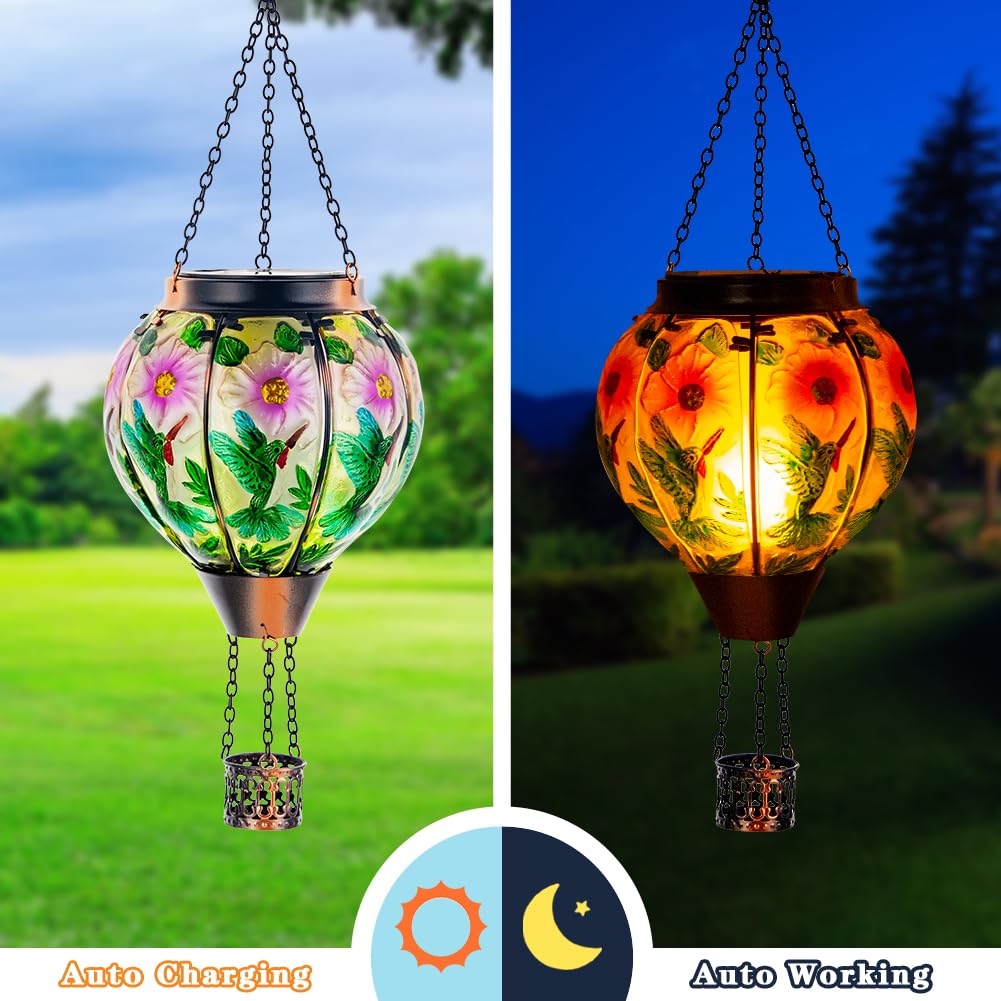 Dreamsoul Hummingbird Hot Air Balloon Solar Lantern, Hanging Solar Lanterns Outdoor With Flickering Flame Light, Metal & Glass S
