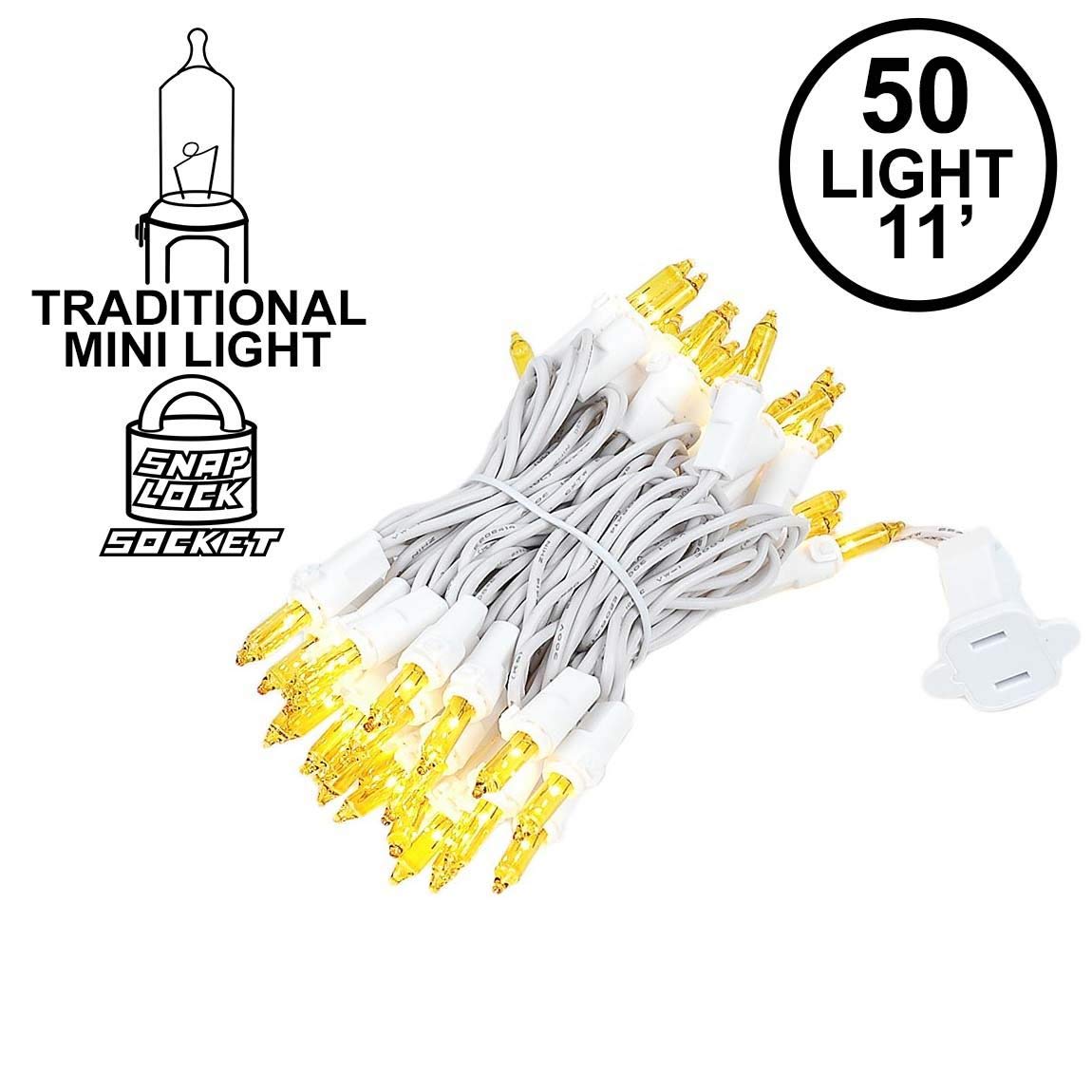 Novelty Lights 50 Light Yellow Christmas Mini String Light Set, White Wire, Indoor/Outdoor Ul Listed, 11' Long