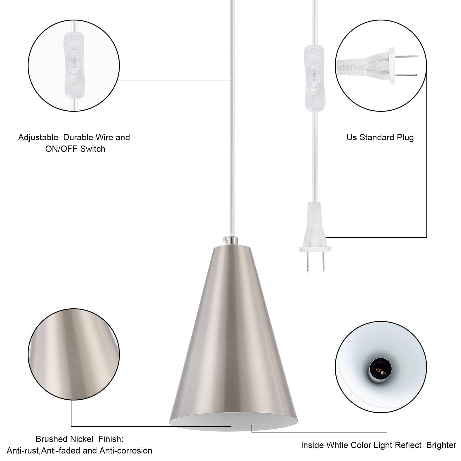 Dijiahua Brushed Nickel Plug In Pendant Light, Modern Mini Chandelier For Kitchen & Bedroom
