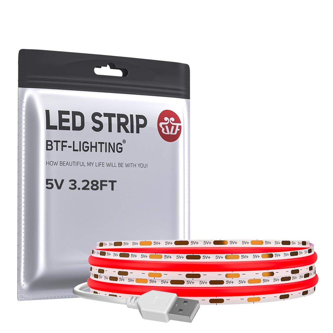 Btf-Lighting Fcob Usb Powered Red Color Cob Led Strip Lights 3.28Ft 320Leds 5V 8Mm Width 90+ High Cri Ultra Bright Flexible Light For 3D Printer Tv Backlight Display Cabinet Pc Diy Decor