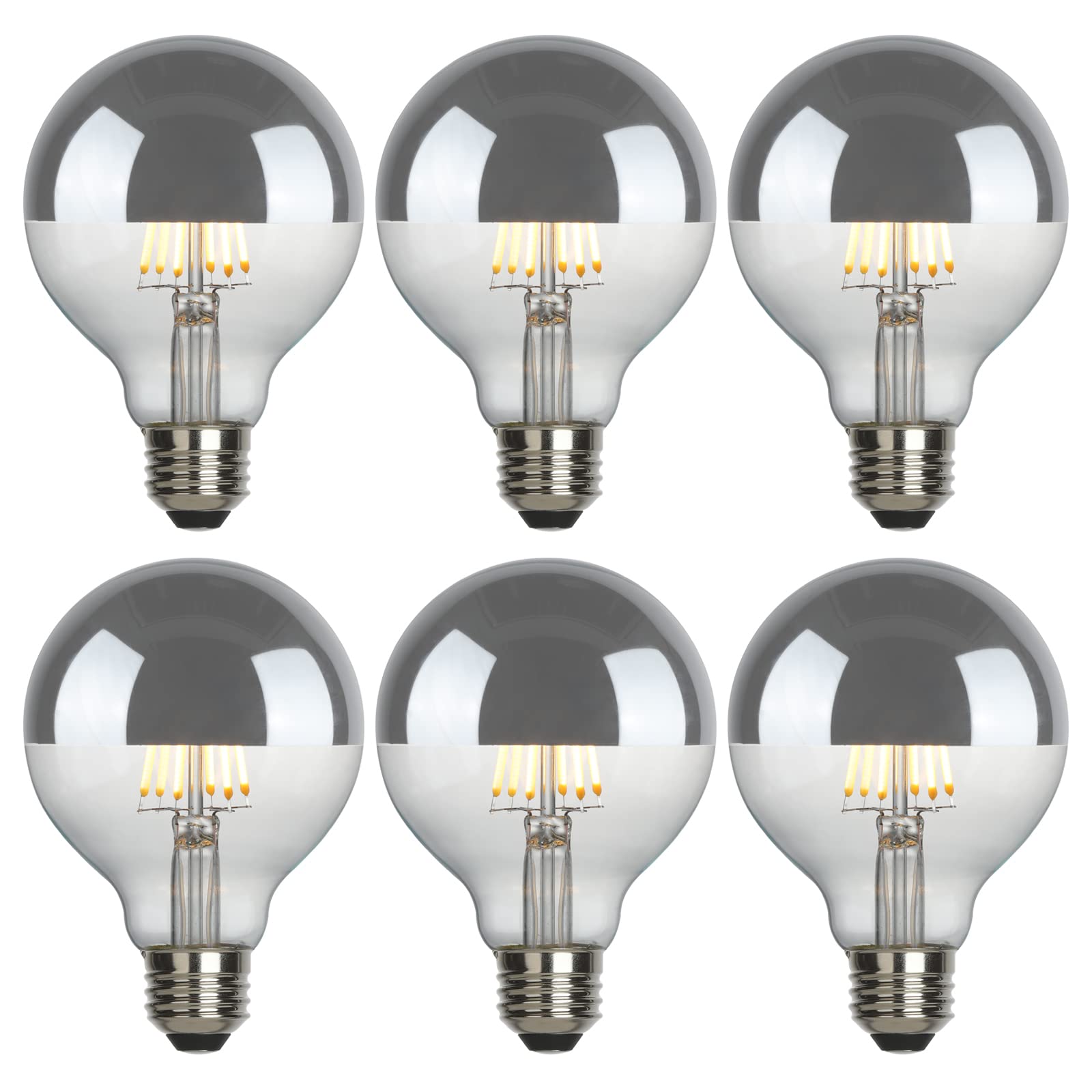 Omed G80 Anti Glare Half Silver Chrome Dimmable Led Light Bulbs 6 Pack, E26 2700K Soft White Globe Tipped Edison Bulbs, 6 Watt 6