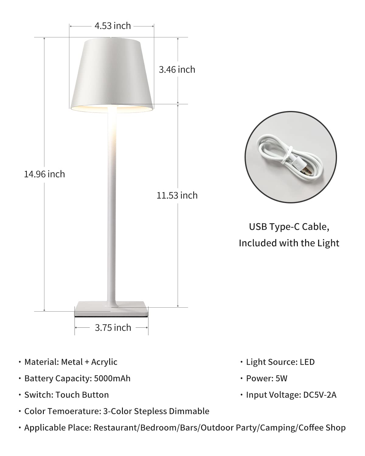 KDG Cordless Table Lamp - Portable LED, 5000mAh Battery, 14.2 inch, White, Model AMZ-TBL-003-2-WA, 3 Color Ste