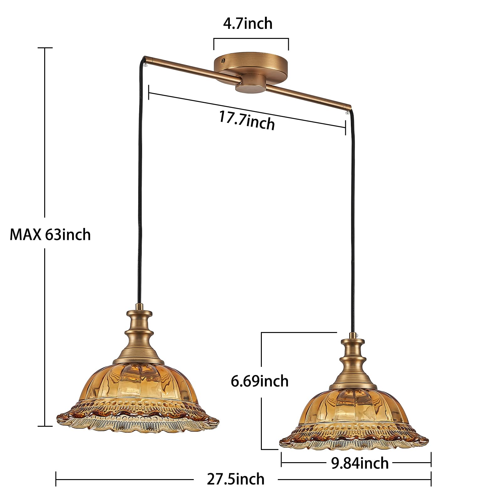 HDDFL Vintage 2 Light Pendant Light Fixture, Amber & Brass, Metal, Adjustable Cord for Kitchen Island & Dining Room, Model SS87M-2CC