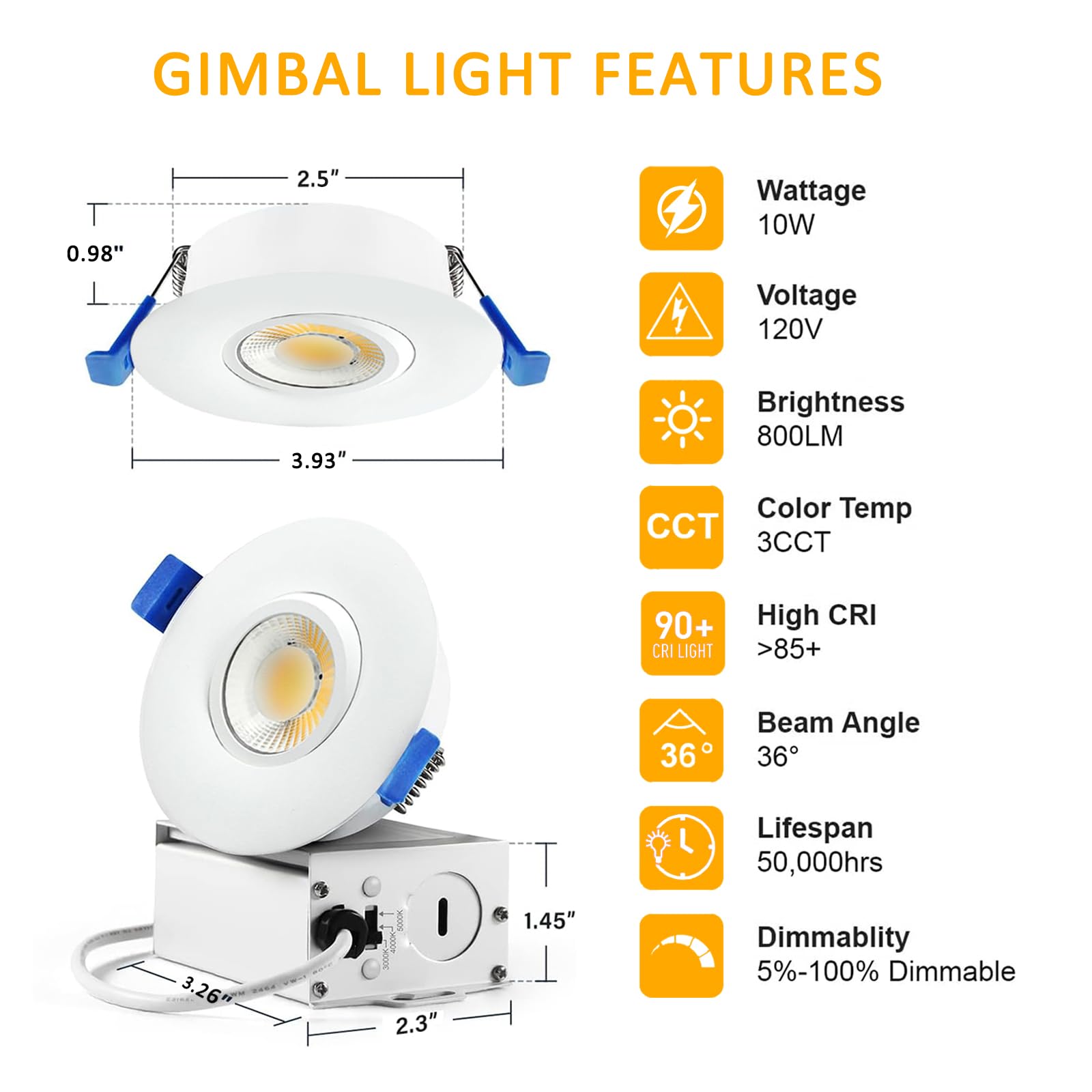 Sublimation 4 Packs 3 Inch 3Cct Gimbal Led Recessed Light With Junction Box 10W,Waterproof Recessed Lights For Shower,3 Colors Adjustable,Suitable For Bathroom,Parlor,Bedroom,Kitchen,Balcony