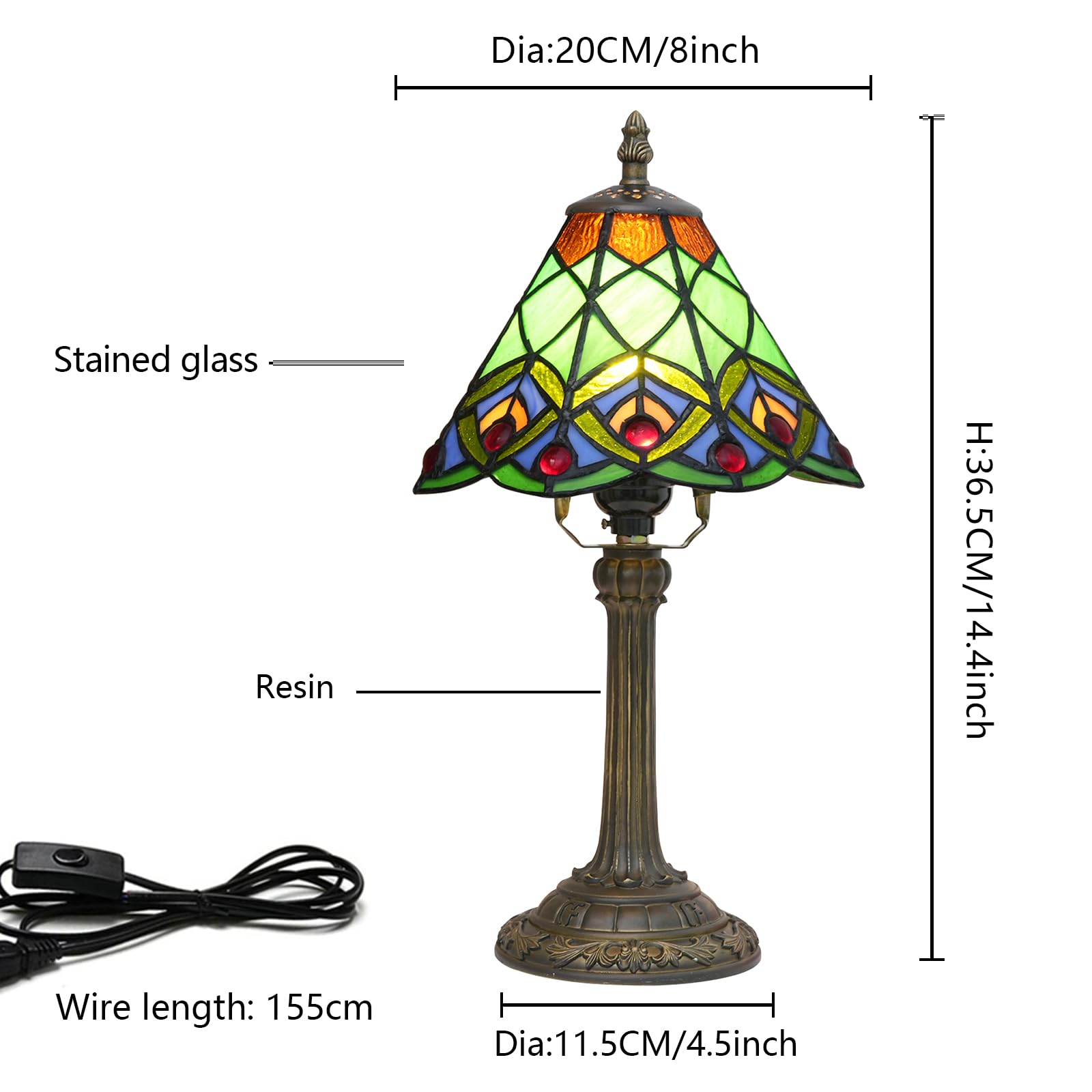 Green Small Tiffany Lamp Stained Glass Table Lamp Peacock Tail Bedroom Bedside Light For Living Room Dormitory Bar Retro Style U
