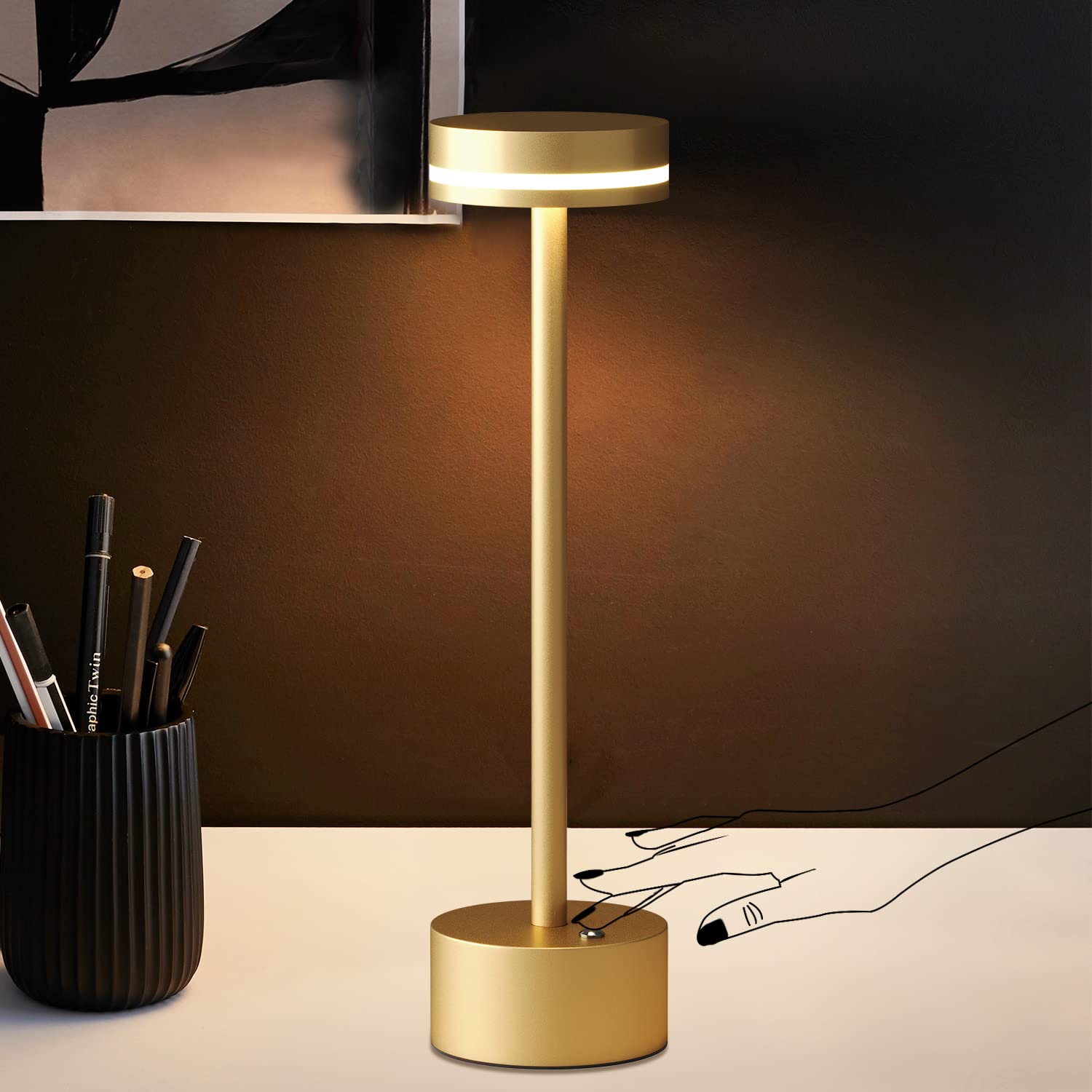 Modern LED Rechargeable Cordless Table Lamp with Touch Sensor, Aluminum Shell, 4000mAh Certified Battery, 3 Levels Brightness, USB-C Charging Port, 3000K Portable Metal Bedside Lamp (Gold)