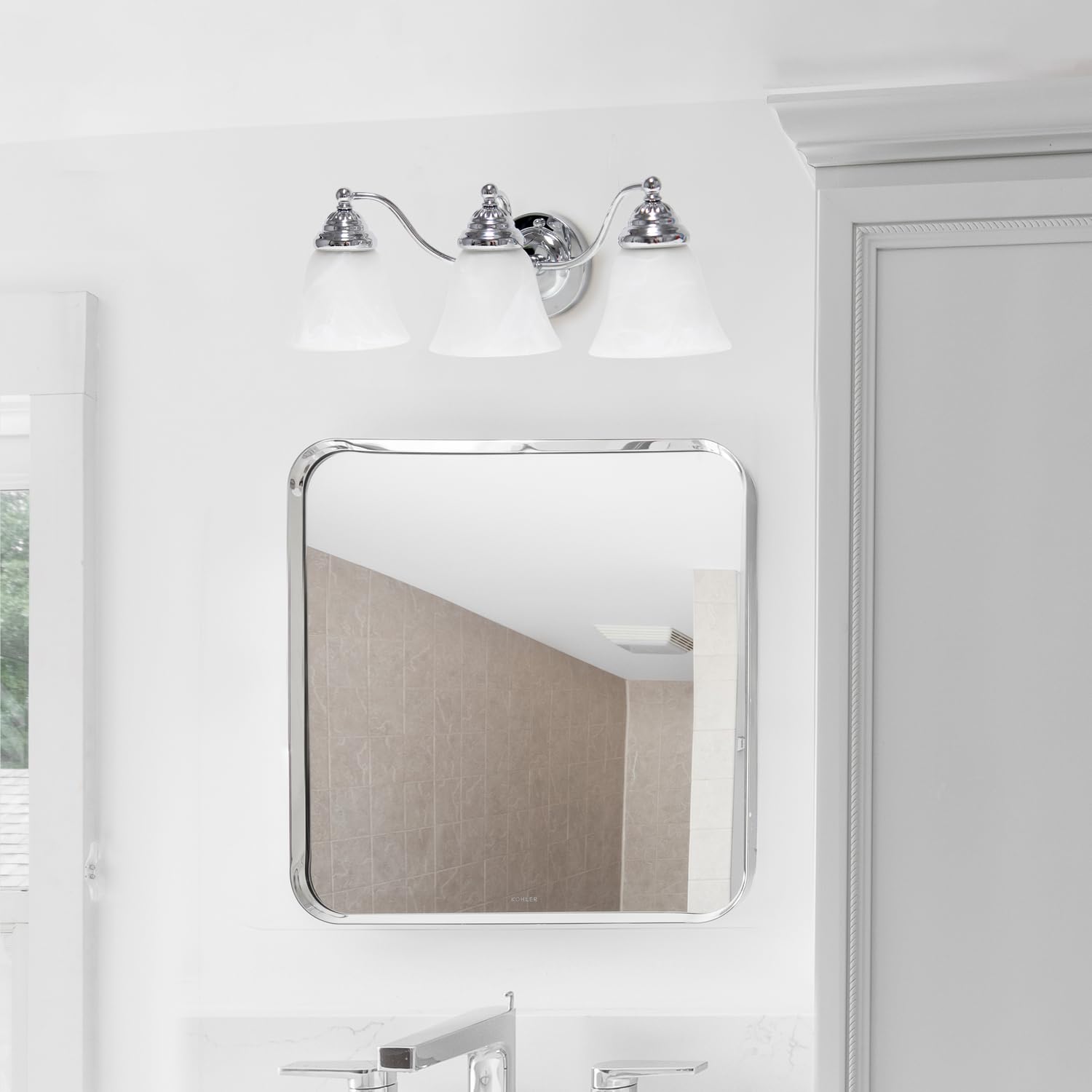 Simple Designs VT1023-CHR 19.25 Classic 3 Light Winding Metal and Frosted Marble White Bell Shape Glass Shades Decorative Wall M