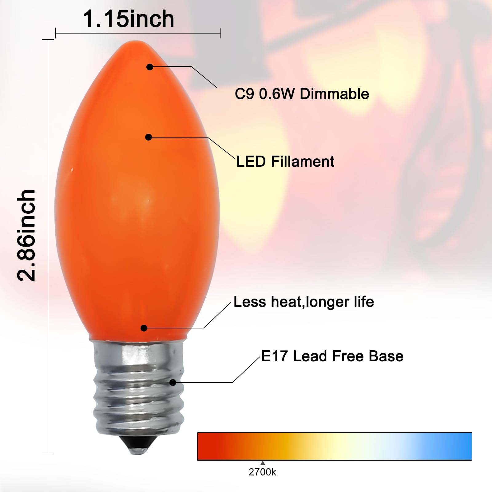 Pallerina 25 Pack C9 LED Outdoor Light Bulbs, 0.6W Shatterproof Plastic, Warm Orange for Christmas, Chandeliers, Night Lights