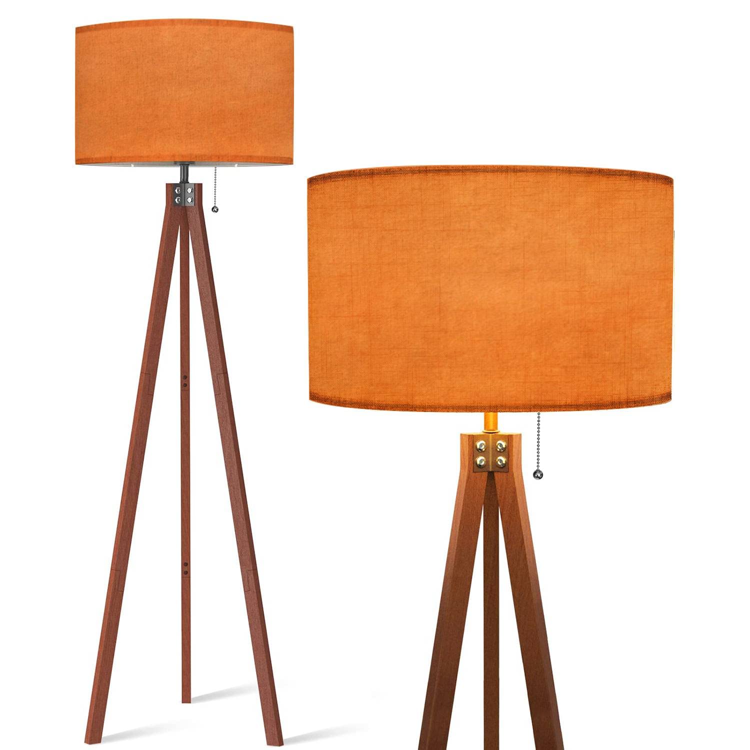 BAISTSAELER Wood Tripod Floor Lamp Golden Orange Colored Blurred Modern Standing Lamp Linen Lampshade Dimmable Tall Lamp Mid Cen