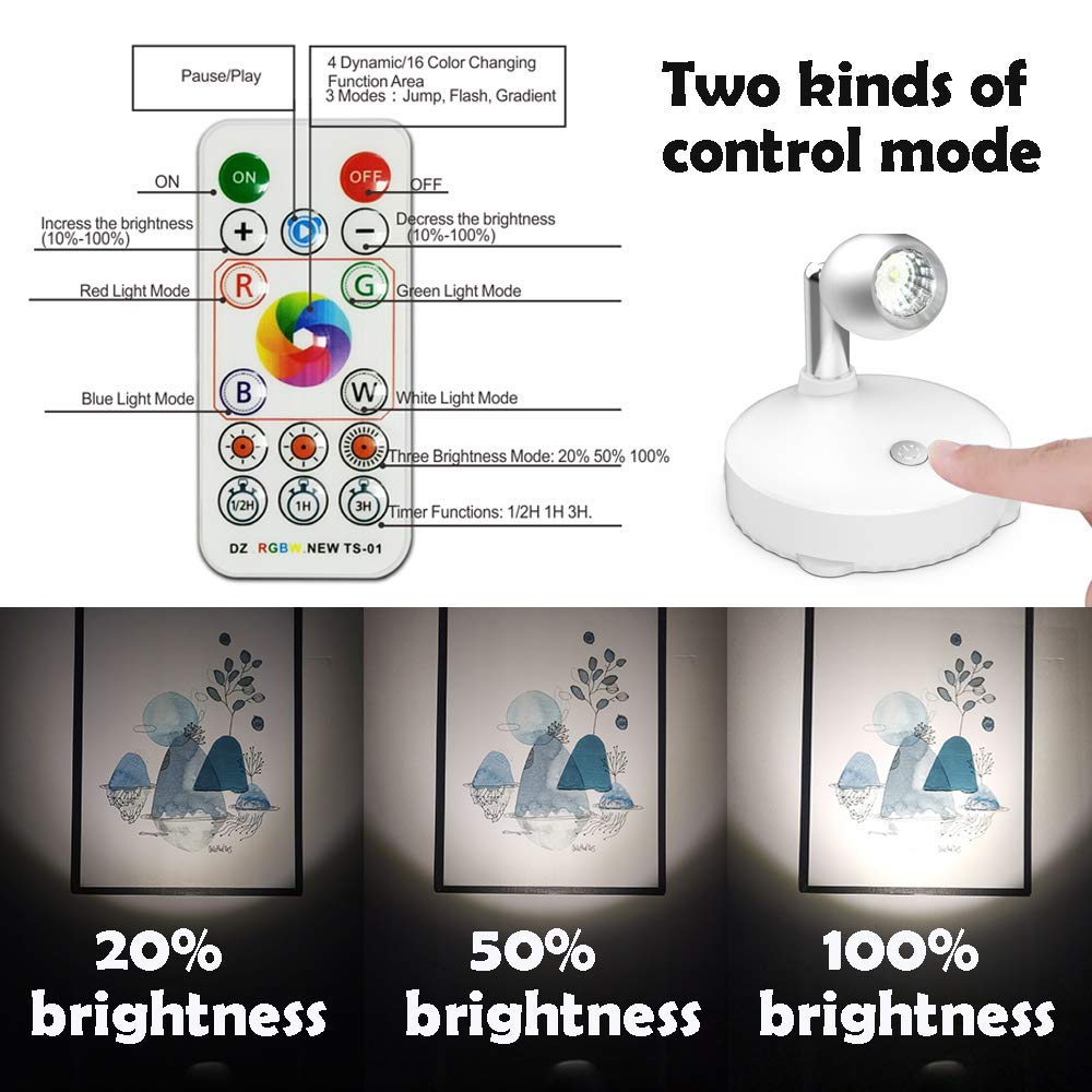 Amries Rgb Spotlight Led Puck Light - Battery Operated, Dimmable With Remote, 2-Pack