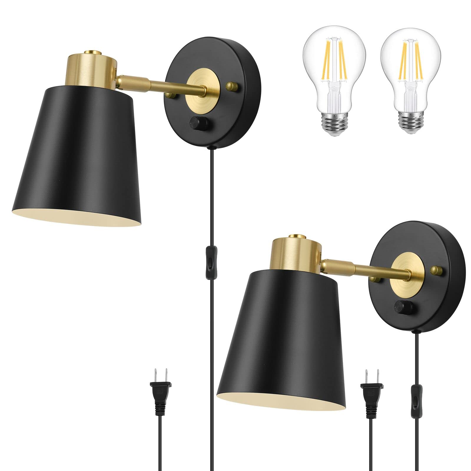 VATONI Wall Sconce Plug-In, Dimmable Adjustable Light, 2 Pack, Black, Brass, Model Stlamp-Blk-2P, Bulbs Included