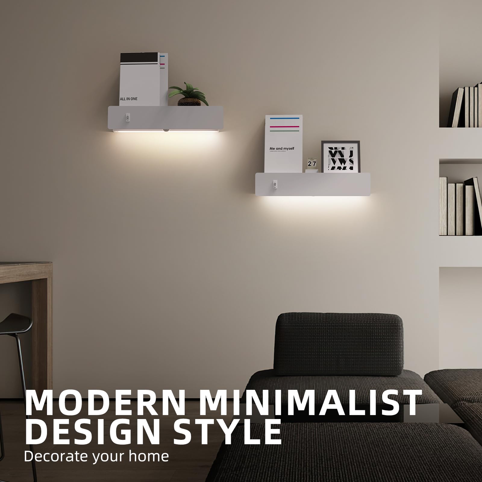 HYMELA M12 White Wall Sconces with Shelf, Metal, Motion Sensor, USB Port, Hardwired/Plug-in, Modern Design for Living Room/Bedroom