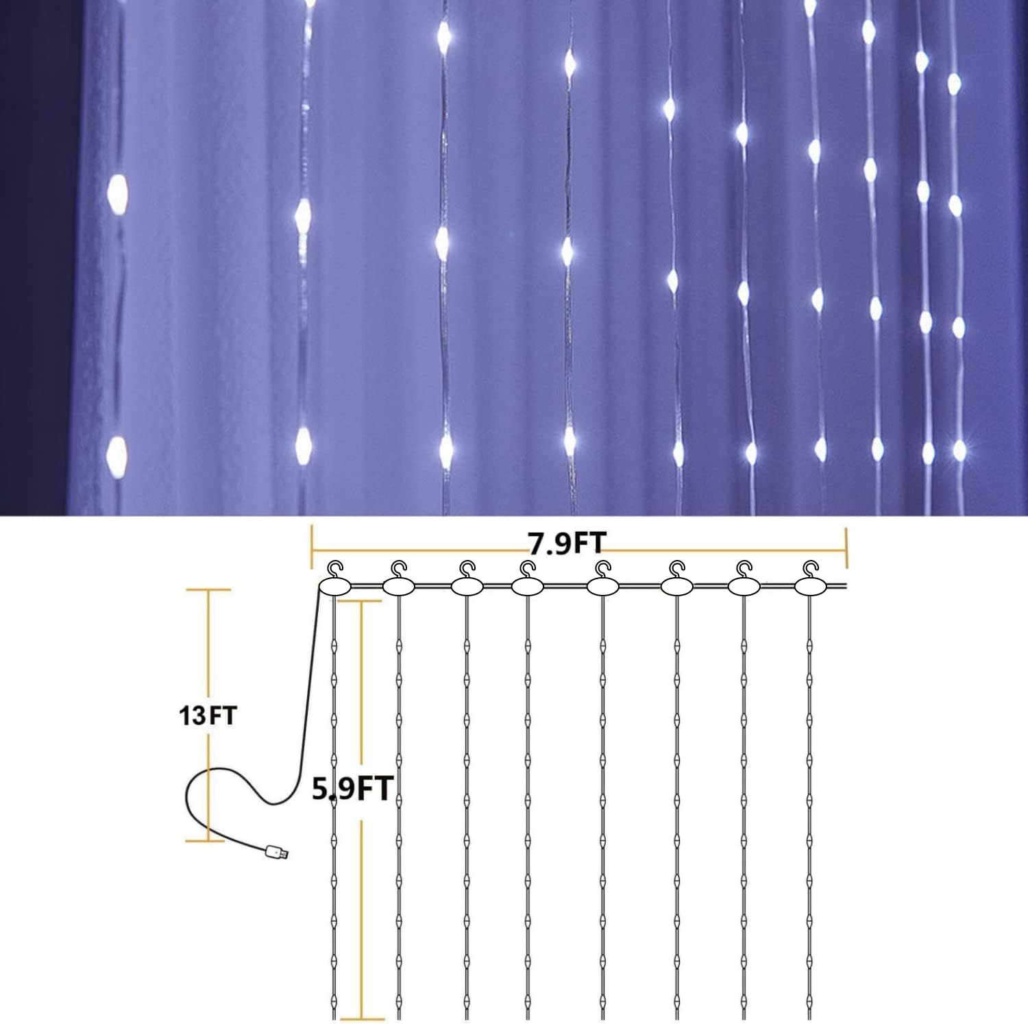 White Curtain Lights For Bedroom,7.9Ftx5.9Ft 144 Led Waterproof Usb Powered Twinkle String Lights Wall Copper Fairy Lights With Control & 8 Modes For Room Window Halloween Decorations