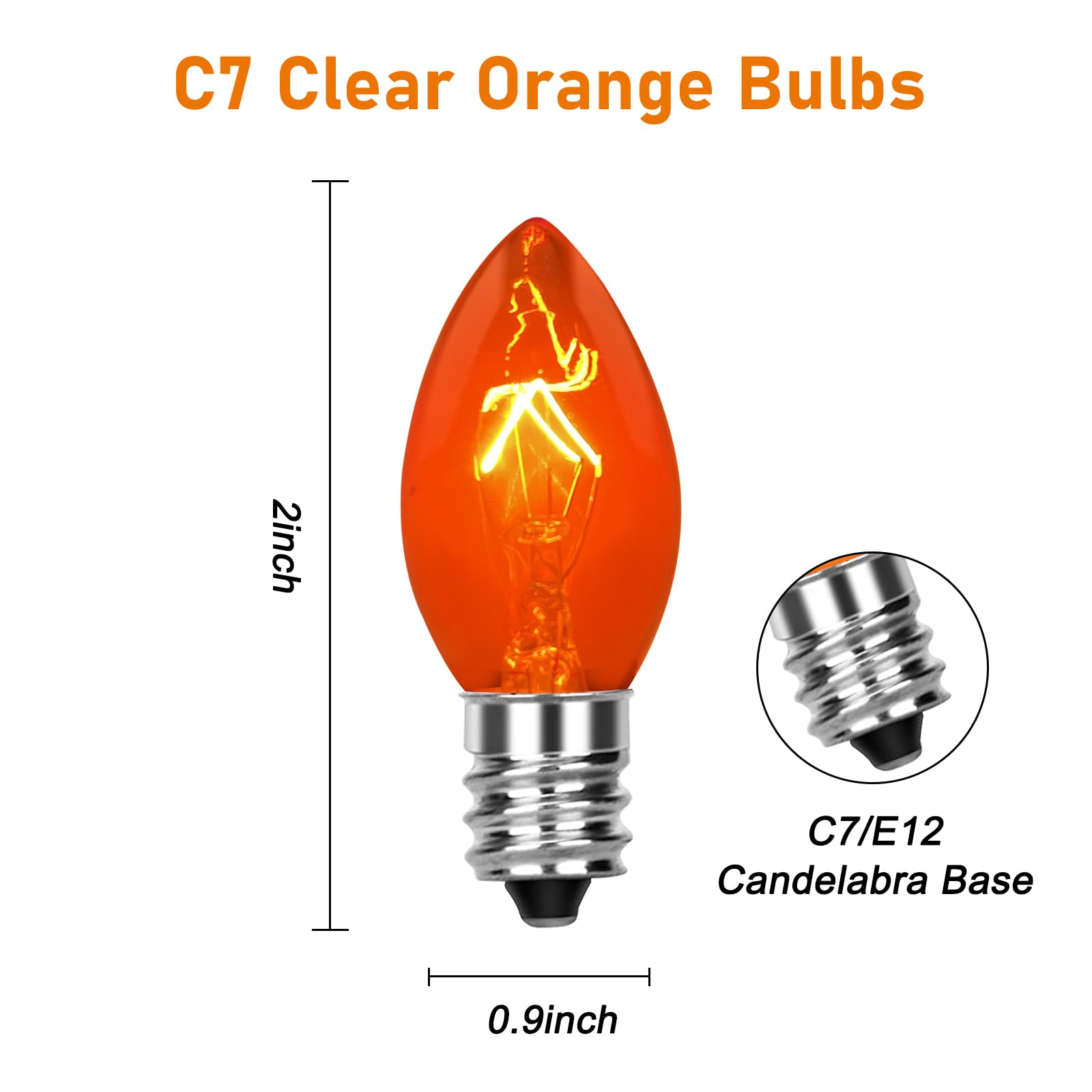 Cbebew C7 Clear Orange Christmas Light Bulbs, 25 Pack, 5W Incandescent, E12 Base
