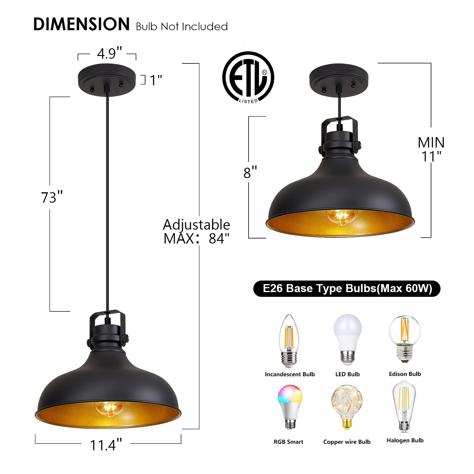 Alaislyc Black Farmhouse Pendant Lights - Vintage Adjustable Dome Fixtures For Kitchen Island, 3 Packs