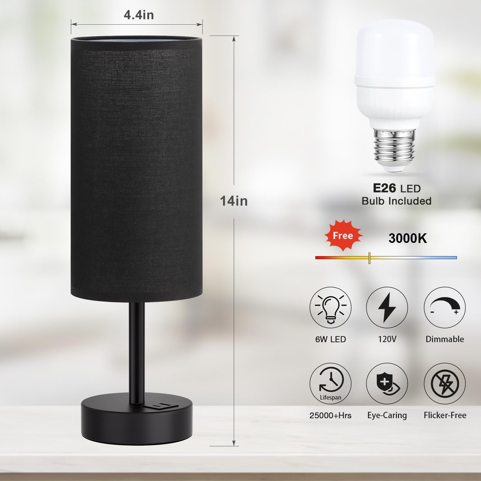 Dicoool Black Touch Control Bedroom Lamp - 3 Way Dimmable, USB Charging Station, 14" Size, Perfect for Nightstand or Desk
